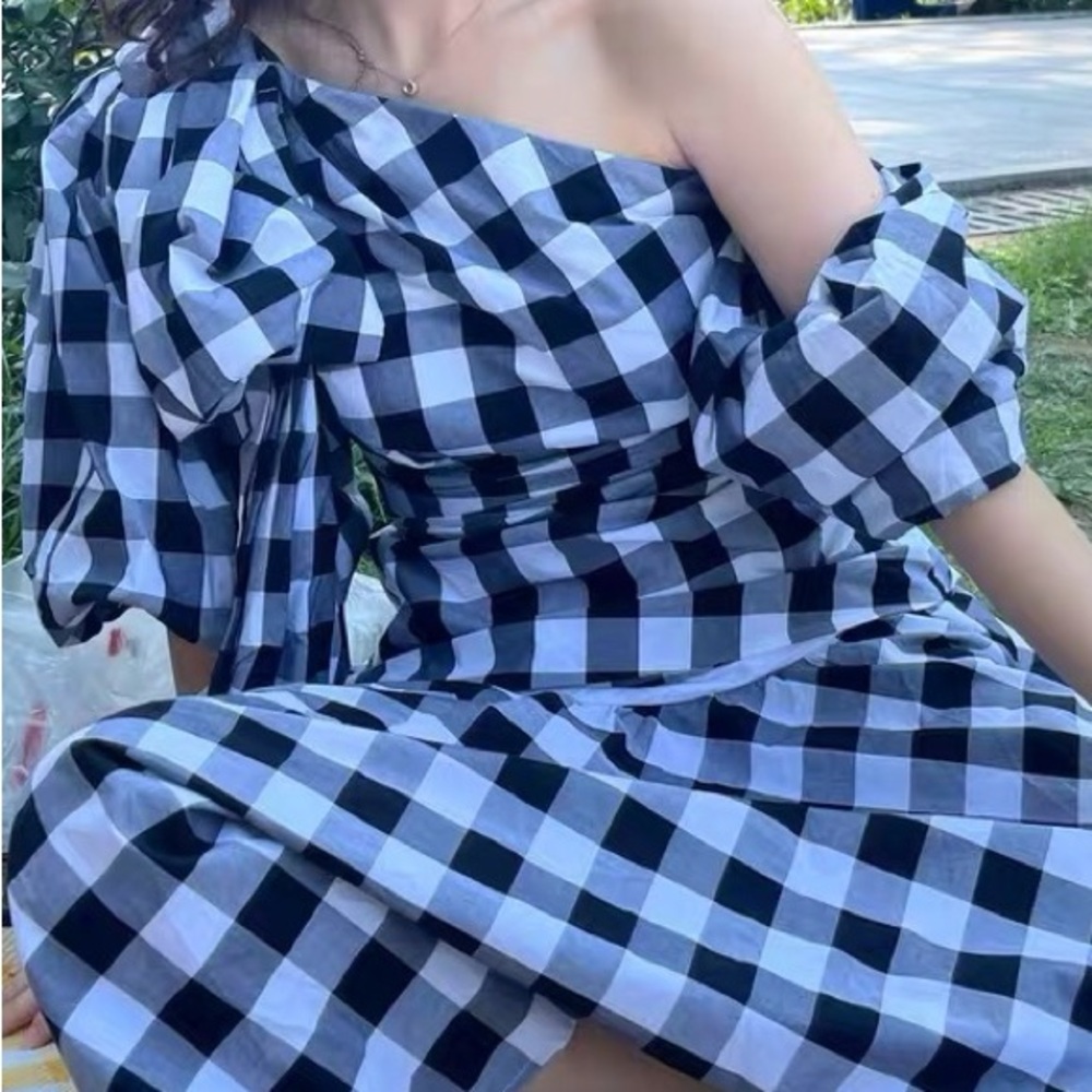 Acler Blue and Black Checkered One-Shoulder Ensemble AU6